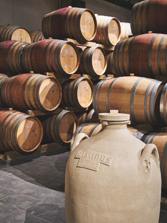 A hotel pincéjének fotózása amfórával az előtérben, hordókkal a háttérben